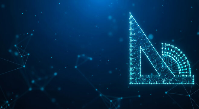 A futuristic digital right-angle triangle ruler glows against a dark blue backdrop filled with tiny dots and connecting lines.
