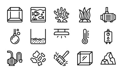 Fototapeta premium Aquarium Equipment Icons Set, Fish Tank Supplies, Water Care Tools, Marine Life Accessories