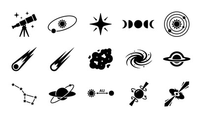 Space Icons Set: Astronomy, Planets, Galaxies, Stars, Comets, Telescope, Constellations © Designhoost Ltd