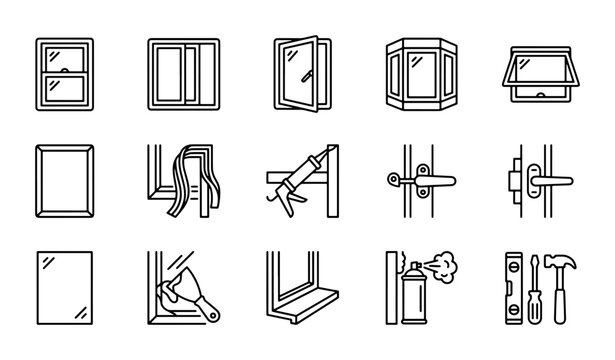 Window Installation Icons Set: Tools, Materials, and Fixtures for Construction and Renovation Projects
