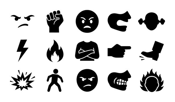 Angry Emotion Icons, Aggression Symbols, Frustration Faces, Rage Vector Set