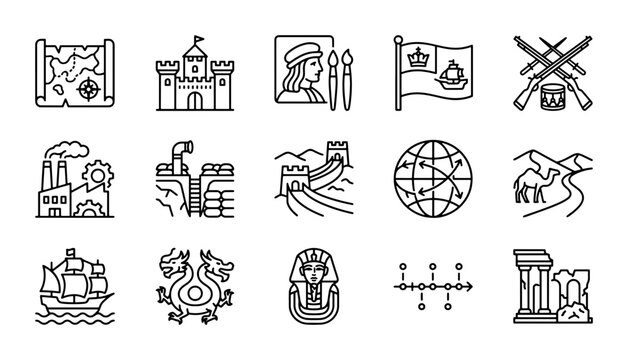 Historical Icons Set: Ancient Maps, Castles, Pharaohs, Ships, Flags, Industry, World Map, Landmarks