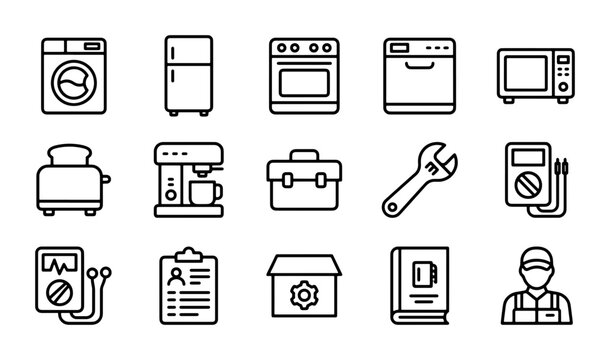 Home Appliance Repair Icons, Maintenance Tools, Service Technician, Vector Set