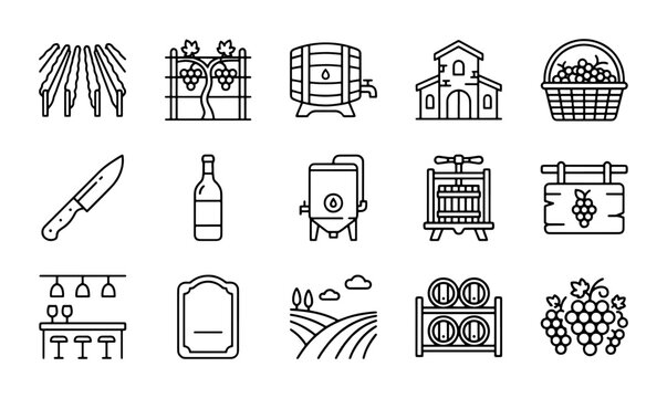 Wine Icons Set, Winery Elements Collection, Vineyard Graphics, Beverage Industry Symbols, Alcohol Production Vector