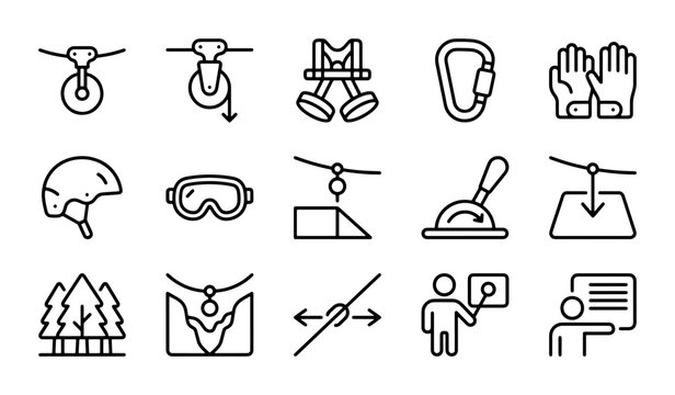 Zip Line Adventure Icons Set, Outdoor Activity Equipment, Safety Gear, Vector Graphics Collection