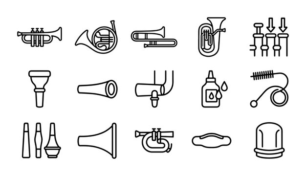 Brass Musical Instruments and Accessories Vector Icons Set, Orchestra and Band Equipment Line Art Collection