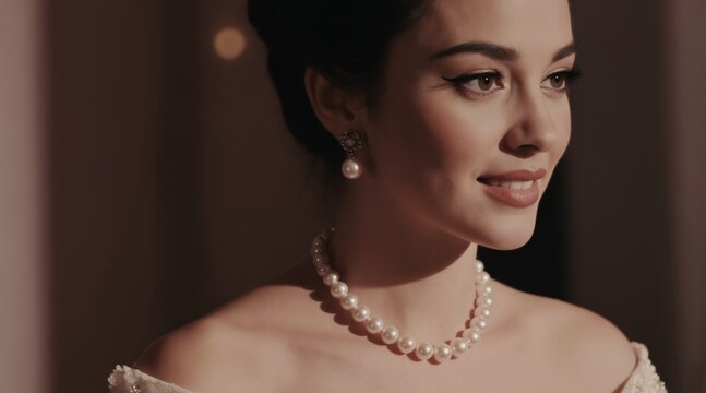 Elegant woman with pearl necklace and earrings smiles softly. Her classic makeup and hairstyle suggest timeless beauty and luxury. She looks sophisticated and serene.