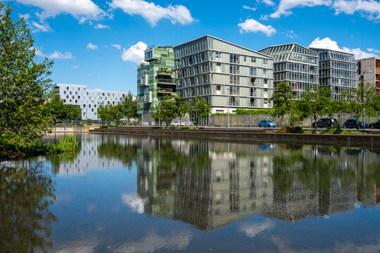 Reflection follows the waterfront of La Confluence in Lyon, France, where river greenery frames urban architecture and contemporary buildings
