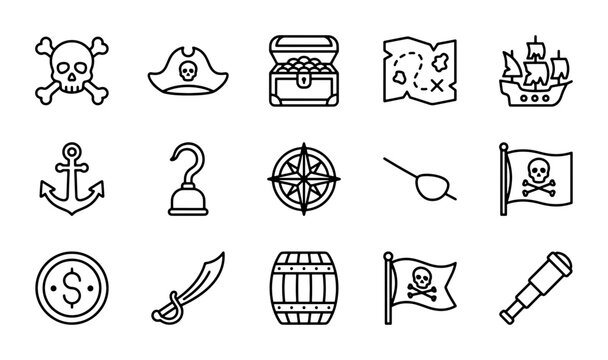 Pirate Icons Set: Skull, Ship, Treasure Map, Compass, Hook, Sword, Spyglass
