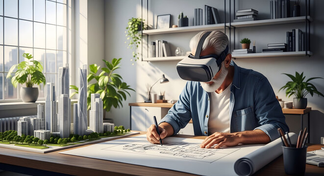 Architect using vr headset to design modern city model on blueprint