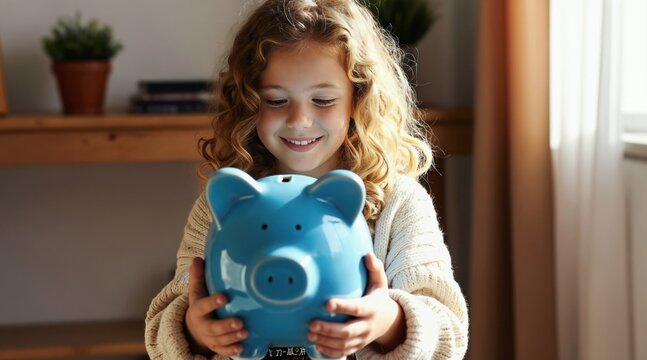 Young girl smiles holding blue piggy bank. Child wears knitted sweater in cozy home setting. Focus on savings and financial education for kids.