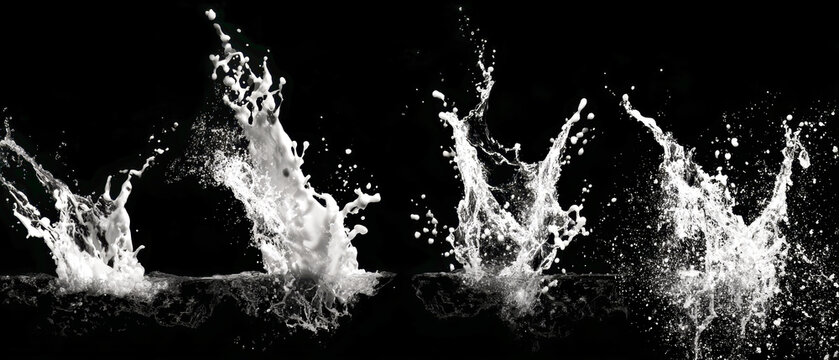 Water splashes fly in various directions on a black background, captured with high-speed techniques. The detail and clarity showcase the movement and texture