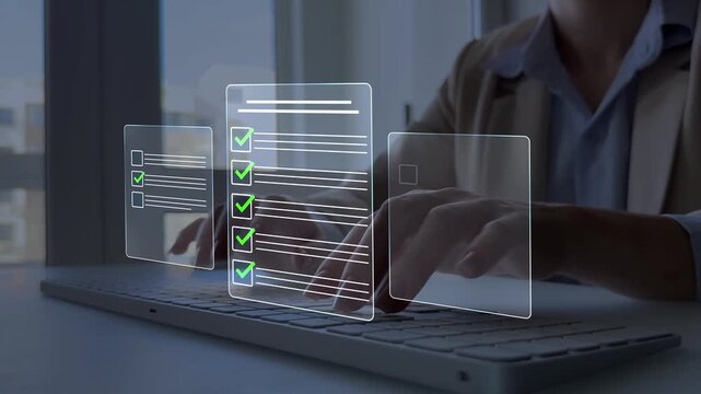 Quality assurance and approval process concept with checklist, checkmark and business documents. Digital validation, certification and feedback management for corporate workflow systems.