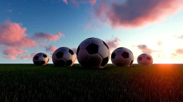 Five soccer balls arranged on green grass field at sunset