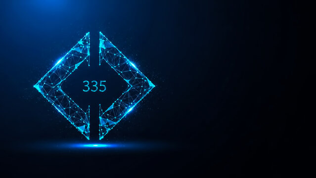 A modern digital illustration of a glowing 3D diamond shape with the number 335 at the center, set against a dark blue background.