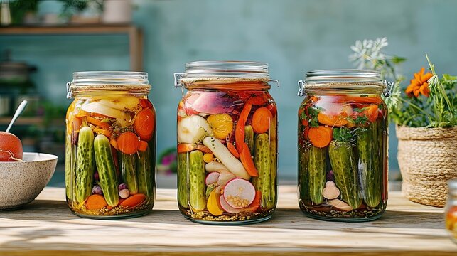 Homemade pickled vegetables in glass jars on kitchen counter. Generative AI