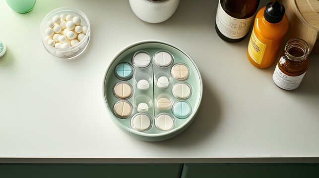 Pill organizer with medicine tablets and bottles on healthcare countertop. Generative AI