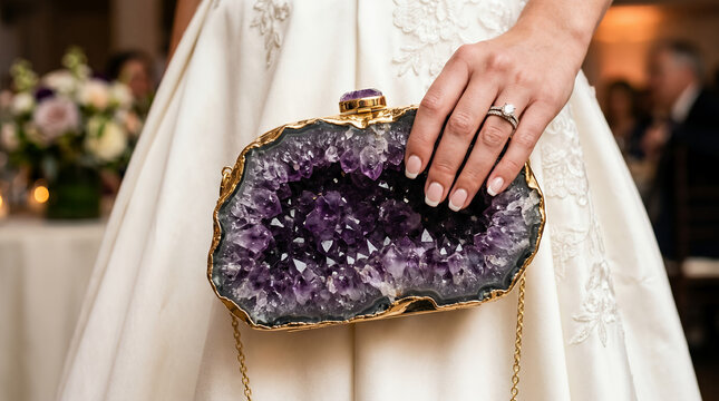Elegant woman holding an amethyst clutch bag at a formal event