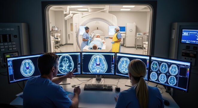 Medical team analyzing brain scans in MRI room control center.