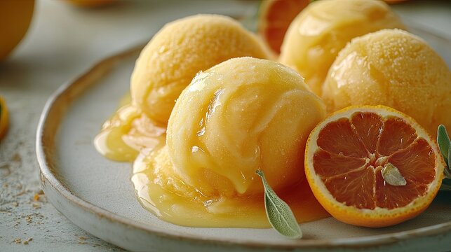 Melting Citrus Sorbet Scoops With Orange Slice On Ceramic Plate. Generative AI