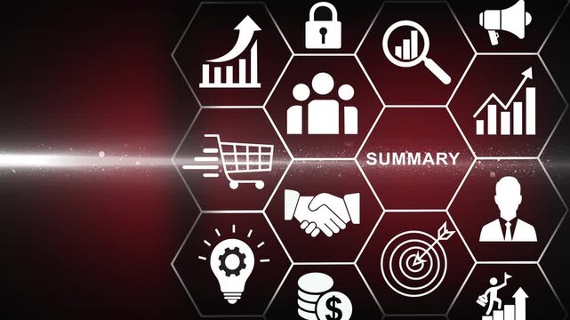 Summary concept. Summarize data, information, past performance analysis for development, improvement. The business presentation of meeting, working-4k black background icon animation