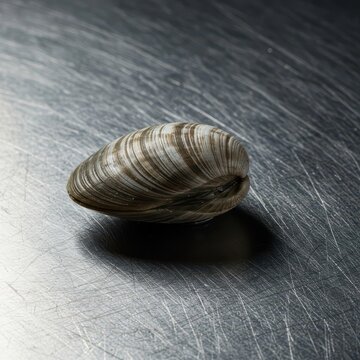 A single fresh raw clam resting on a cold metallic surface creating a strong contrast and sense of isolation, minimalist, surface, food