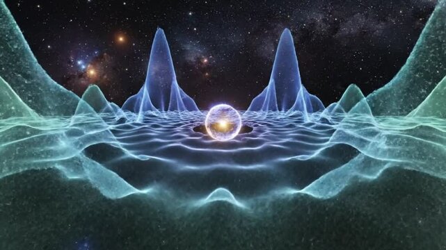 Abstract representation of quantum entanglement or superposition, with a glowing orb and cosmic background