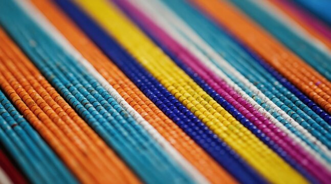 Abstract view of colorful beaded strands arranged in parallel lines. Vibrant orange, blue, yellow, and pink beads create a textured, geometric pattern. Suitable for craft or cultural themes.