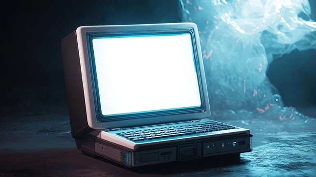 Retro Portable Computer With Blank White Screen in Smoky Blue Light. Generative AI