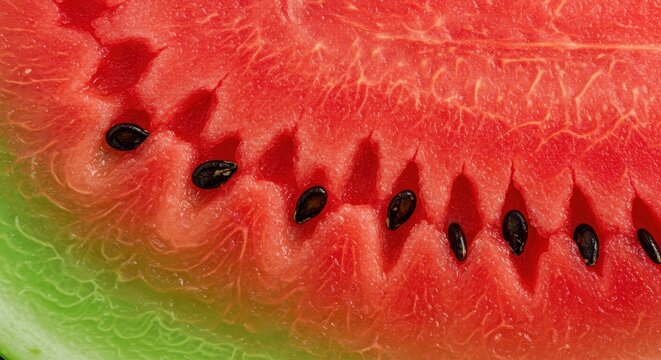 A vibrant red and green abstract pattern featuring the juicy texture of ripe watermelon flesh and scattered black seeds, melon, vibrant, edible
