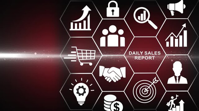 Daily sales report concept. Data analytics for driving agile decision making, improving process, adjusting the sales strategy. Sales volume, leads, new account- 4k black background icon animation