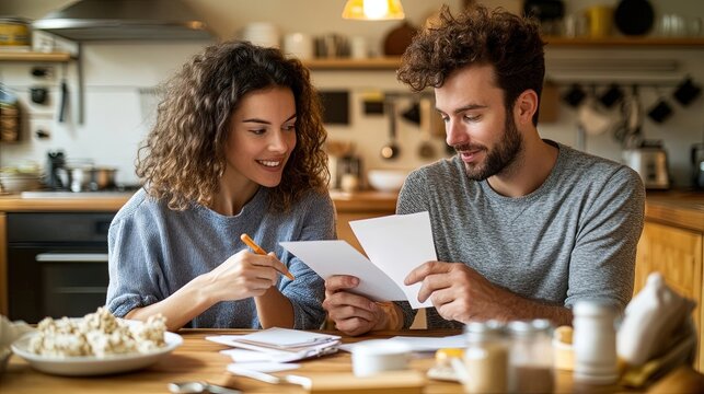 Smiling Couple Reviewing Household Bills in Kitchen. Generative AI