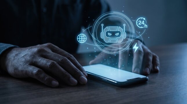 24/7 Cybersecurity Monitoring and Network Protection Concept: Hands with Glowing Smartphone and Holographic Guardian Robot Badge with Status Icons