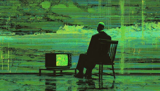 Solitary figure watches a glitching television screen in a stark room with reflections