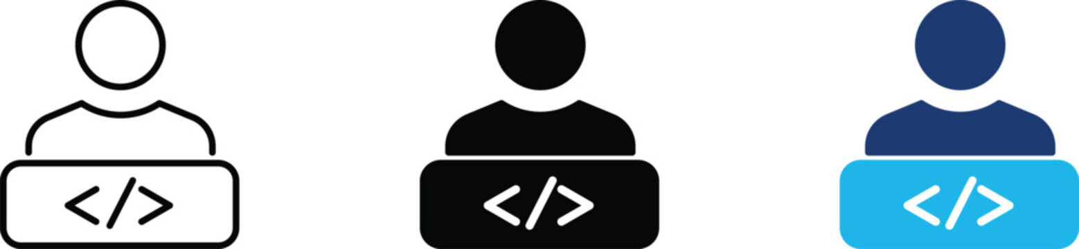 Software developer icon set representing programmer, coding and web development. Symbol of computer science, engineering, technical support and digital transformation.
