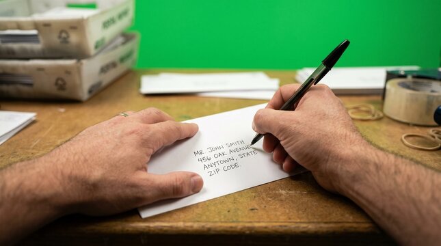Hands writing address on envelope with pen at desk