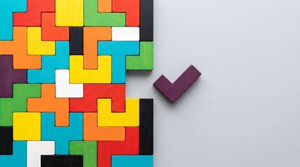 Fototapeta premium Colorful geometric wooden blocks puzzle fitting together perfectly with checkmark piece symbolizing business solutions and successful task completion