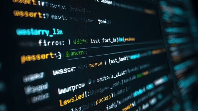 Close up of computer code on a dark screen with colorful text