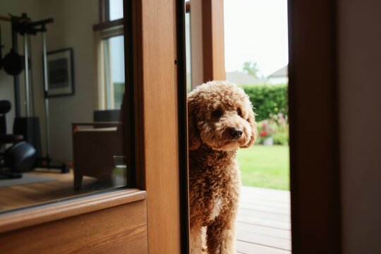 Curious cavoodle dog peeks through glass back door. Fluffy brown pet waits patiently on wooden deck outside house. Backyard garden visible with green lawn and plants.