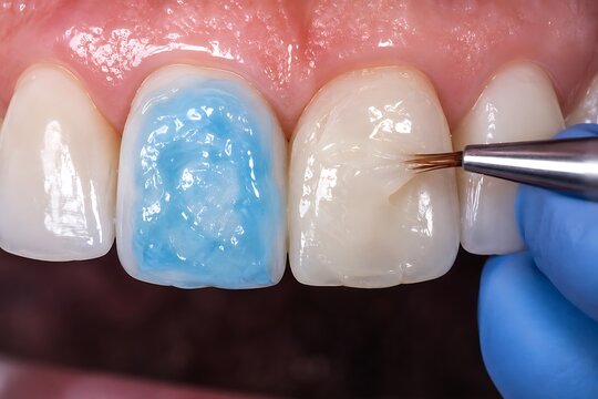 Dentist applying composite resin for dental bonding or veneers on front teeth, aesthetic dentistry procedure close up