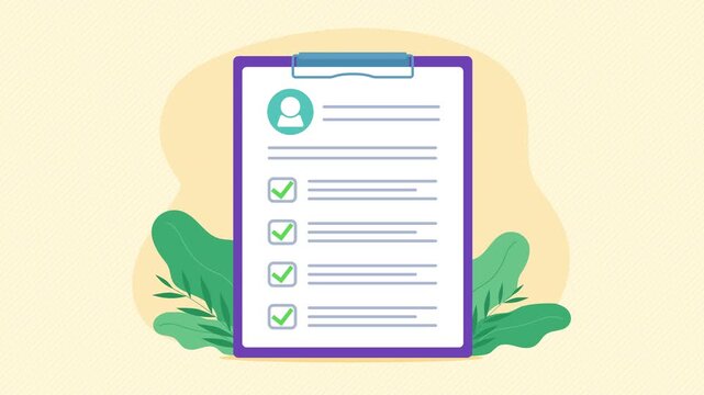 Animation of completing a medical questionnaire with patient data. Employee survey, checklist with avatar. Cartoon video clip in flat style design.