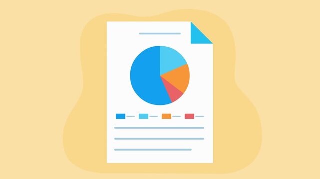 Animation of a pie chart on a piece of paper. Video clip in flat design style. Chart with company data.