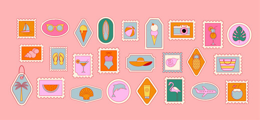 Fototapeta premium Colorful summer vacation framed labels, badges, postage stamps and stickers collection. Summer beach, travel and tropical vector elements set.