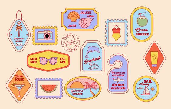 Colorful summer vacation framed labels, badges, tags, postage stamps and stickers collection. Summer beach, travel and tropical vector elements set.