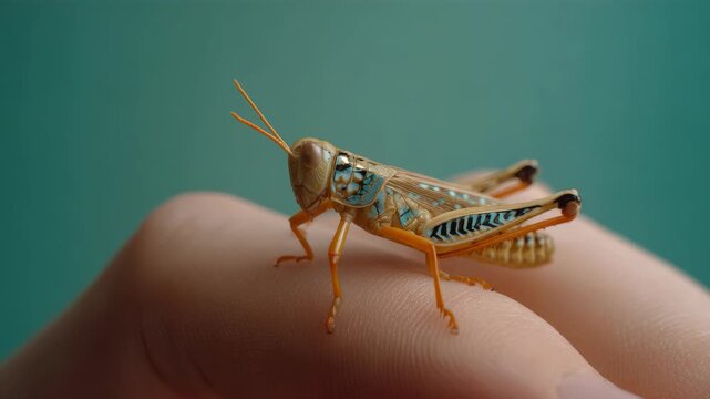 Close-up of tiny grasshopper perched on human finger skin with green background