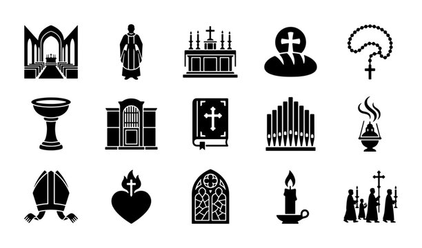 Christianity Icons Set, Religious Symbols Vector Graphics, Church Elements Collection