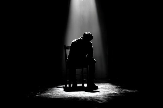 A lone figure sits dejectedly in a dark room, illuminated by a single spotlight