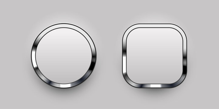 Metallic user interface buttons and frames set. Glossy chrome design elements for web and mobile. Vector illustration