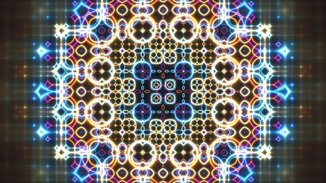 Dynamic psychedelic background with vibrant neon kaleidoscope and symmetrical geometric patterns. Futuristic VJ loop with neon mandala effect.
