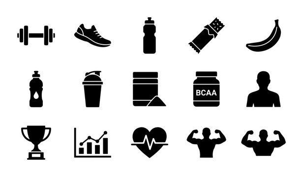 Fitness Icons Set: Dumbbell, Shoe, Water Bottle, Protein Bar, Banana, Trophy, Heartbeat